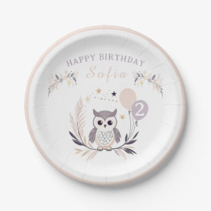 Prato De Papel Pastel Boho Baby Owl e Balões Aniversário