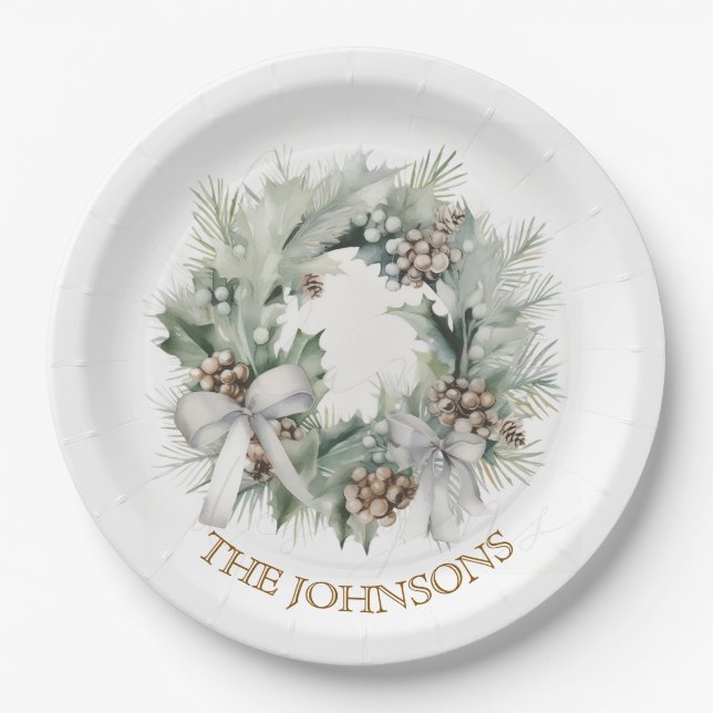 Prato De Papel Pastel Christmas Wreath & Custom Name Paper Plates (Frente)