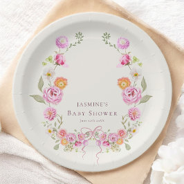 Prato De Papel pastel coquette Floral Wreath Baby Shower 