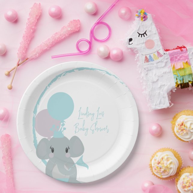 Prato De Papel Pastel Elefante Bebê Menina Script Chá de Bebê    (Festa)