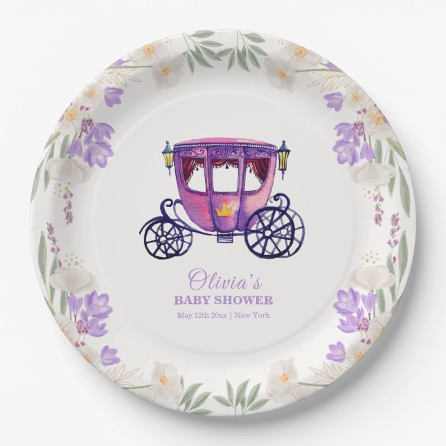 Prato De Papel Pastel Floral Princess Carriage Girl Baby Shower  (Frente)