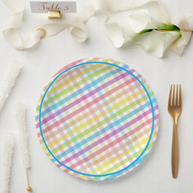 Prato De Papel Pastel Gingham Rainbow Baby Shower Blue (Casamento)