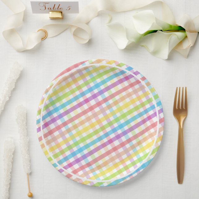 Prato De Papel Pastel Gingham Rainbow Baby Shower White (Casamento)