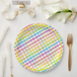 Prato De Papel Pastel Gingham Rainbow Baby Shower Yellow