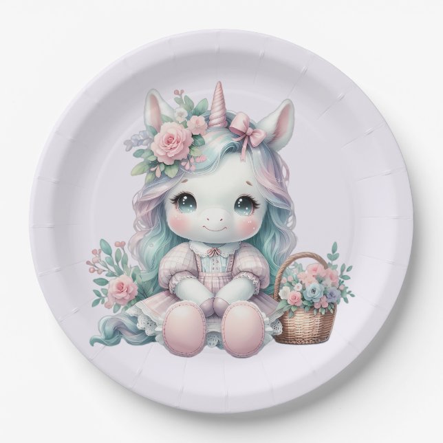 Prato De Papel Pastel Kawaii Unicorn Doll with Flower Basket (Frente)