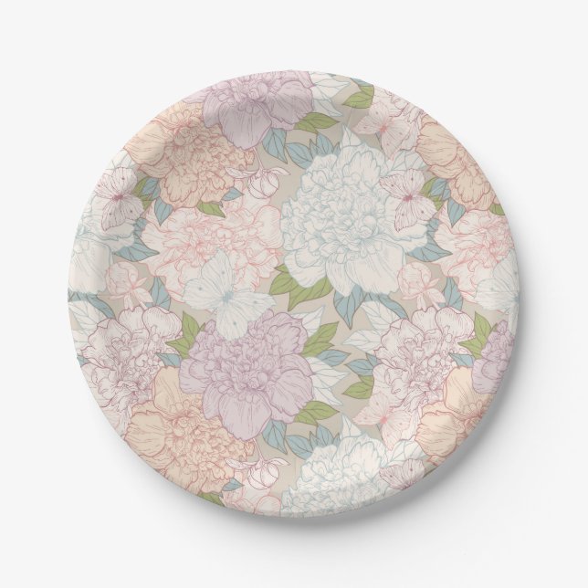 Prato De Papel Pastel Peony & Butterfly Fllower Pattern (Frente)