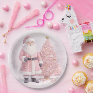 Prato De Papel Pastel Pink Christmas Santa 