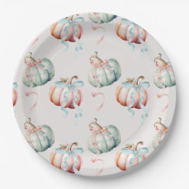 Prato De Papel Pastel Pumpkin and Bow Gender Reveal Charger Plate