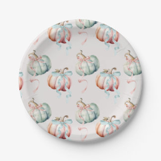 Prato De Papel Pastel Pumpkin and Bows Gender Reveal Paper Plate