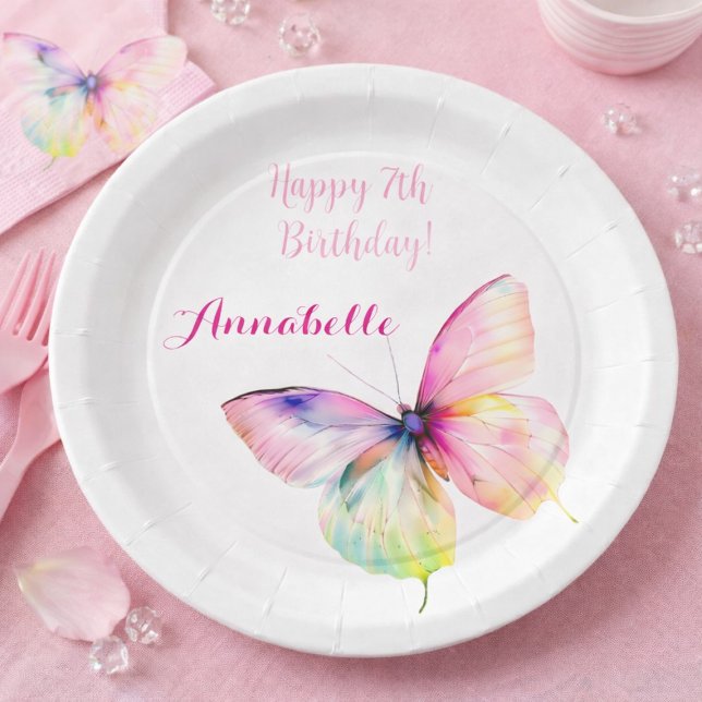 Prato De Papel Pastel Rainbow Butterfly 7th Birthday Party (Criador carregado)