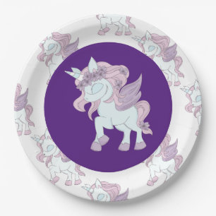 Prato De Papel Pastel Roxo e White Unicorns