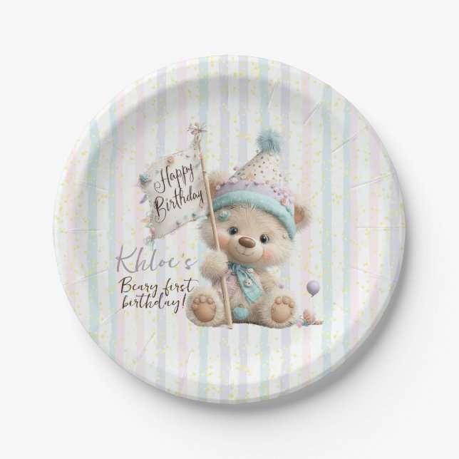Prato De Papel Pastel Teddy Bear Birthday  (Frente)