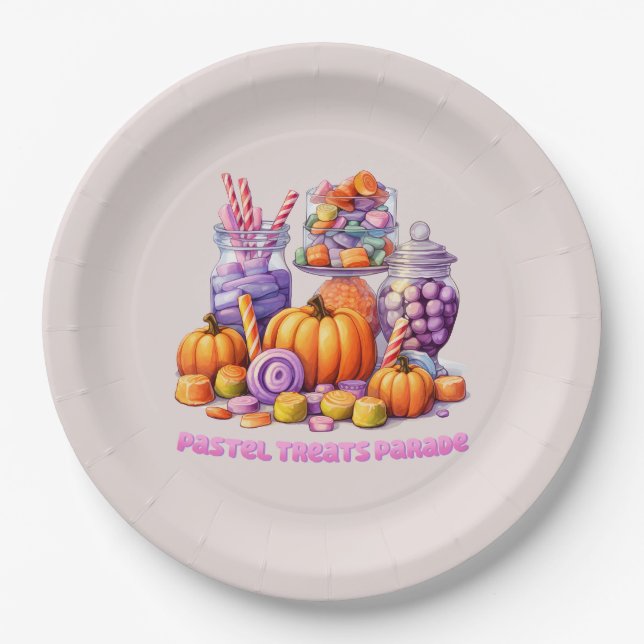 Prato De Papel Pastel Treats Parade - Doces e Abóbora (Frente)