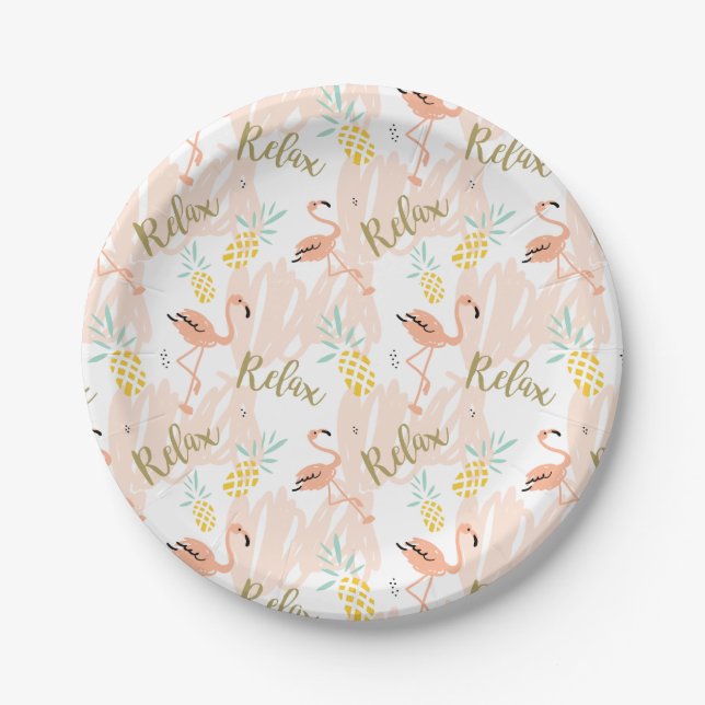Prato De Papel Pastel Tropical Pink Flamingo Pattern (Frente)