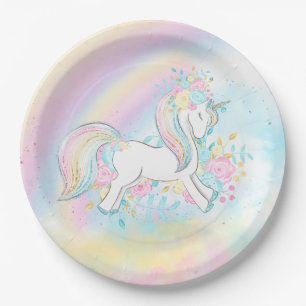 Prato De Papel Pastel Unicorn - Chá de fraldas do Rainbow Placas