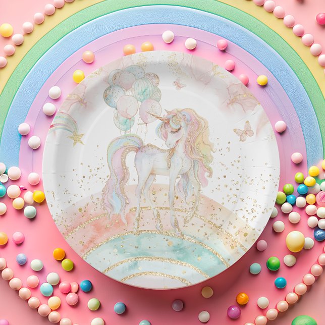 Prato De Papel Pastel Unicorn Rainbow Birthday (Criador carregado)