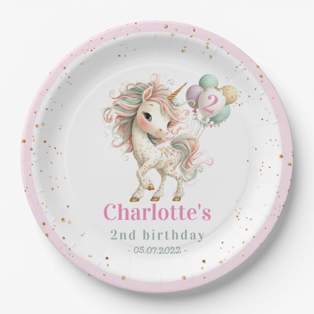 Prato De Papel Pastel Unicorn with Balloons Birthday (Frente)