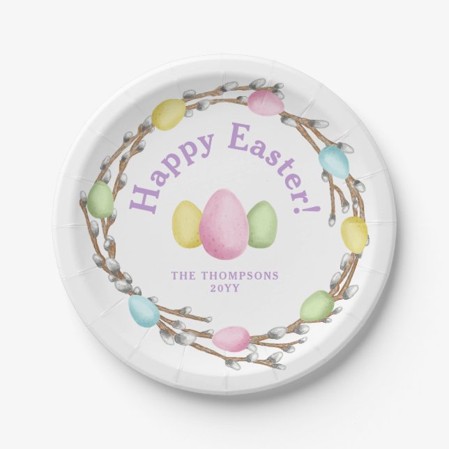 Prato De Papel Pastel Willow Wreath Colorful Happy Easter (Frente)