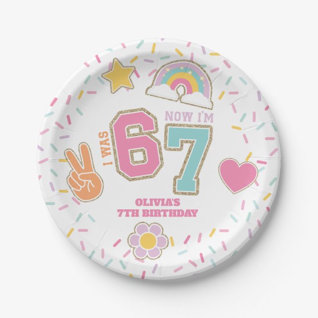 Prato De Papel Patch Preppy I was SIX now I'm SEVEN  7th Birthday (Frente)