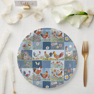 Prato De Papel Patchwork De Denim Com Galinhas E Flores Selvagens