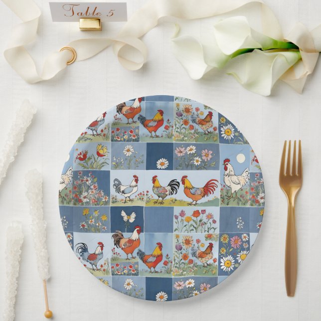 Prato De Papel Patchwork De Denim Com Galinhas E Flores Selvagens (Casamento)