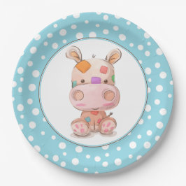 Prato De Papel Patchwork Hippo Child's Blue Birthday
