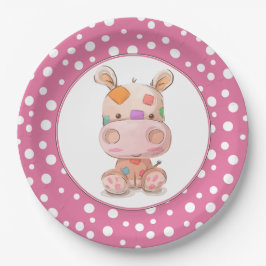 Prato De Papel Patchwork Hippo Child's Pink Birthday