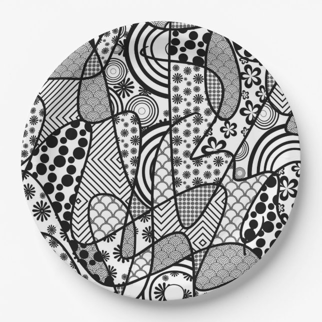 Prato De Papel Patchwork Preto e Branco de Padrões 02 (Frente)