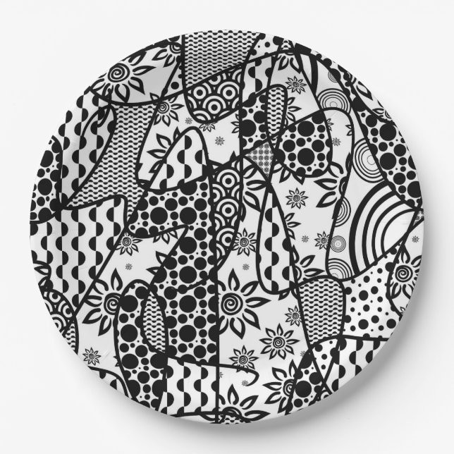 Prato De Papel Patchwork Preto e Branco Padrão 03 (Frente)