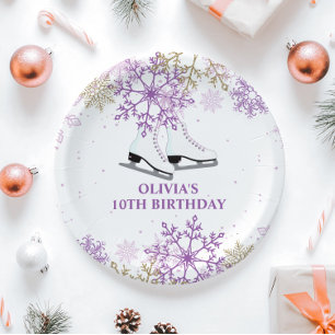 Prato De Papel Patinação no Gelo Aniversário Floco de Neve Roxo e