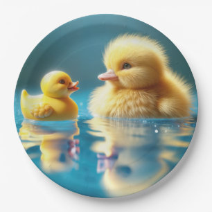 Prato De Papel Pato Amarelo com Pato de Borracha de Brinquedo