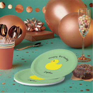 Prato De Papel Pato Amarelo Feliz Aniversário Cor Verde