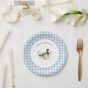 Prato De Papel Pato-real Xadrez Azul Branco Baby Shower