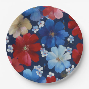 Prato De Papel Pátrio Vermelho Azul Branco Floral (9)