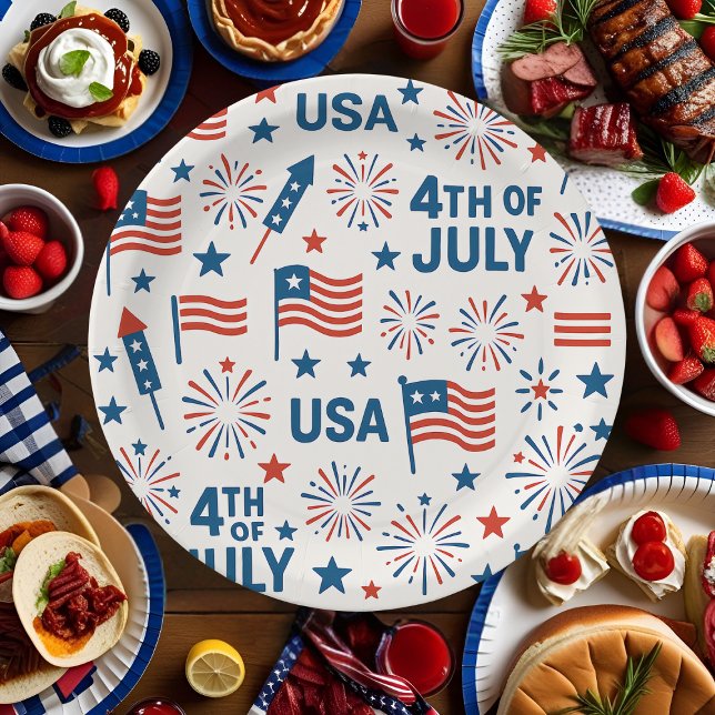 Prato De Papel Patriótico 4 de julho 🇺 🇸 | Fireworks, Stars & F (Criador carregado)