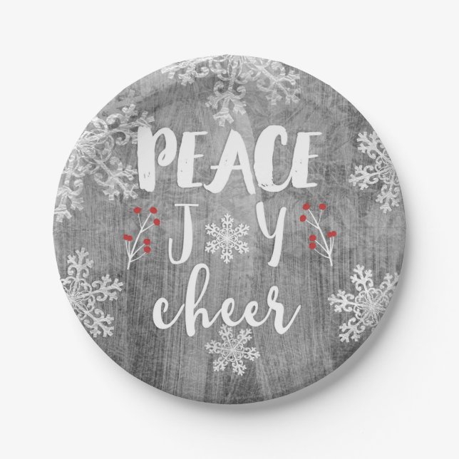 Prato De Papel Peace Love Cheer Silver Snowflake Foliday Party (Frente)