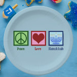 Prato De Papel Peace Love Hanukkah<br><div class="desc">Um presente de Hanukkah do Peace Love para um judeu que gosta de celebrar Chanukah. Um bonito sinal de paz,  coração,  e uma bela menorah.</div>
