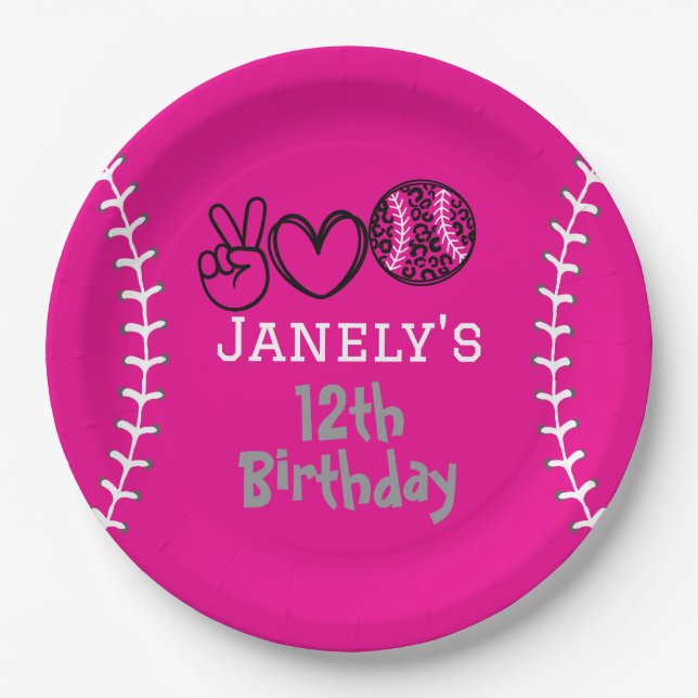 Prato De Papel Peace Love Softball Birthday (Frente)