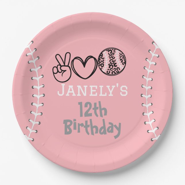 Prato De Papel Peace Love Softball Birthday (Frente)