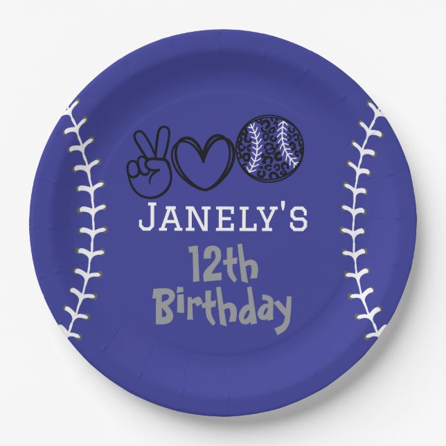 Prato De Papel Peace Love Softball Birthday (Frente)