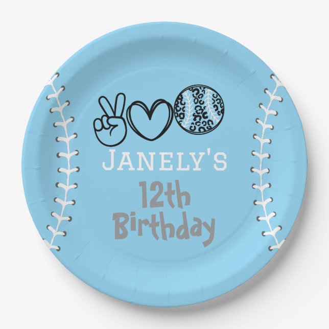 Prato De Papel Peace Love Softball Birthday (Frente)