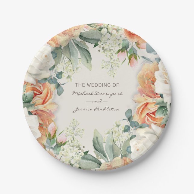 Prato De Papel Peach Cream Floral Eucalyptus Weding Elegante (Frente)