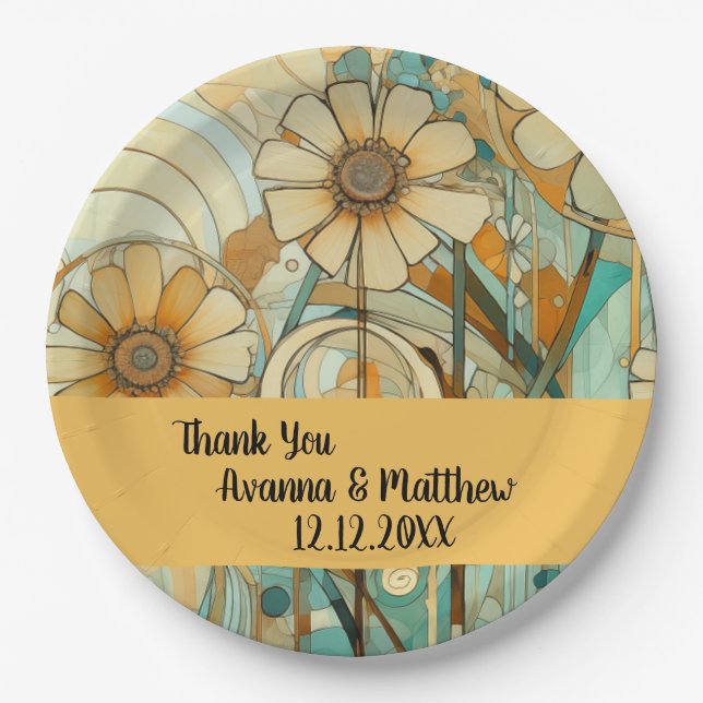 Prato De Papel Peach e Beige Floral Abstrato (Frente)