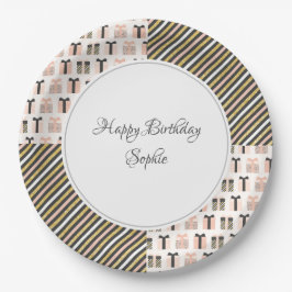 Prato De Papel Peach e Cinza Aniversário Personalizado