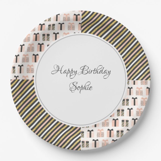 Prato De Papel Peach e Cinza Aniversário Personalizado (Frente)