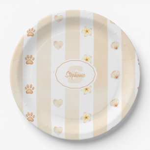 Prato De Papel Peach e White Stripe - Corações, Flor, Impressão d