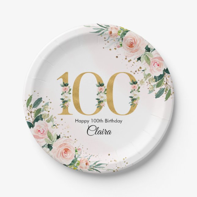 Prato De Papel Peach Floral 100th Birthday Paper Plates (Frente)
