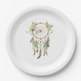 Prato De Papel Peach Floral Green Feather Drecher Catcher Birthda