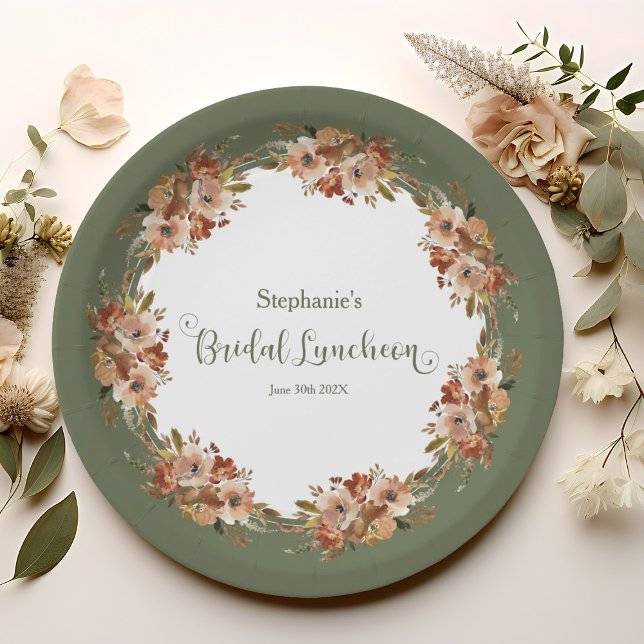 Prato De Papel Peach Floral Wreath Sage Green Bridal Luncheon (Peach Watercolor Floral Wreath Sage Green Bridal Luncheon Paper Plates)