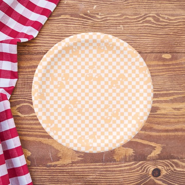 Prato De Papel Peach Fuzz Cherry Gingham Patterno (Peach Fuzz Cherry Gingham Pattern Paper Plates)